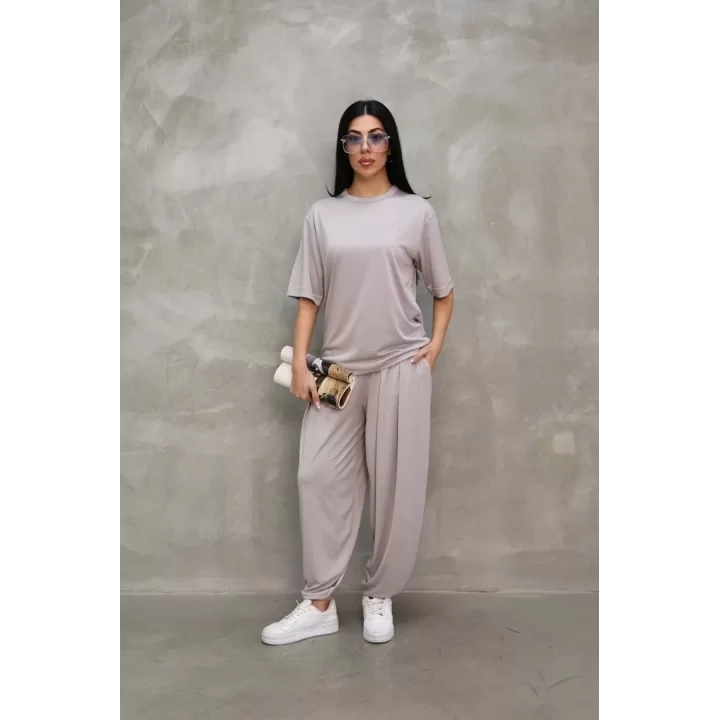 Osy Modal Yumuşak Dokulu Kumaş Oversize Bisiklet Yaka T-shirt Jogger Eşofman Altı Eşofman Takımı - Gri