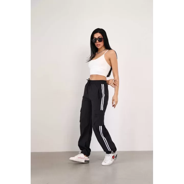 Paraşüt Kumaş Kargo Ceplı Baggy Eşofman - Siyah