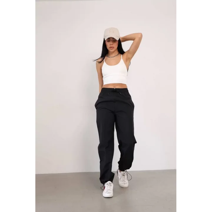 Praşut Kumaş Paça Cepli Baggy Eşofman - Siyah