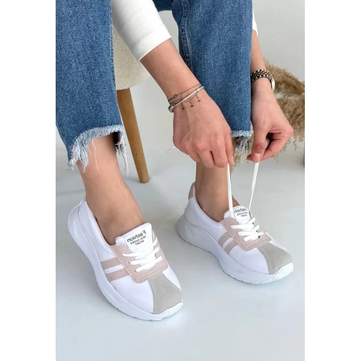 Shat Beyaz Cilt Pudra Şeritli Spor Ayakkabı