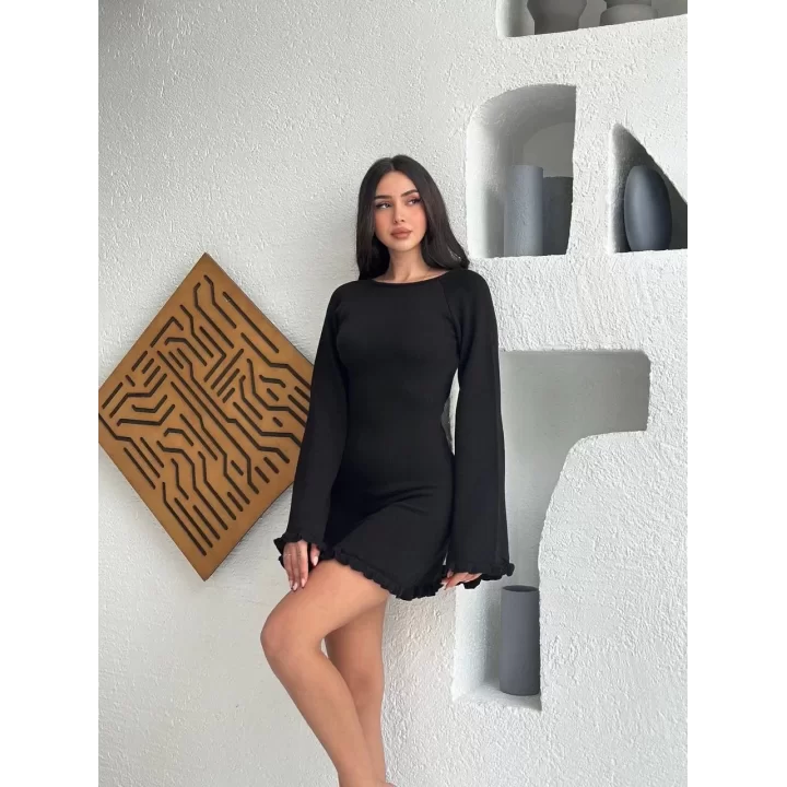 Sırt Pencereli Mini Triko Elbise - Siyah