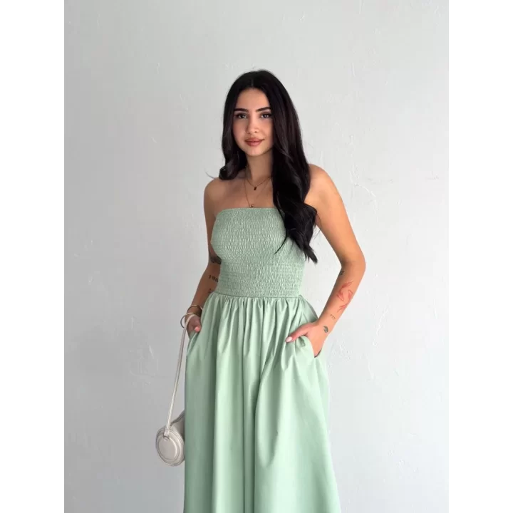 Straplez Pileli Elbise - Su Yeşili