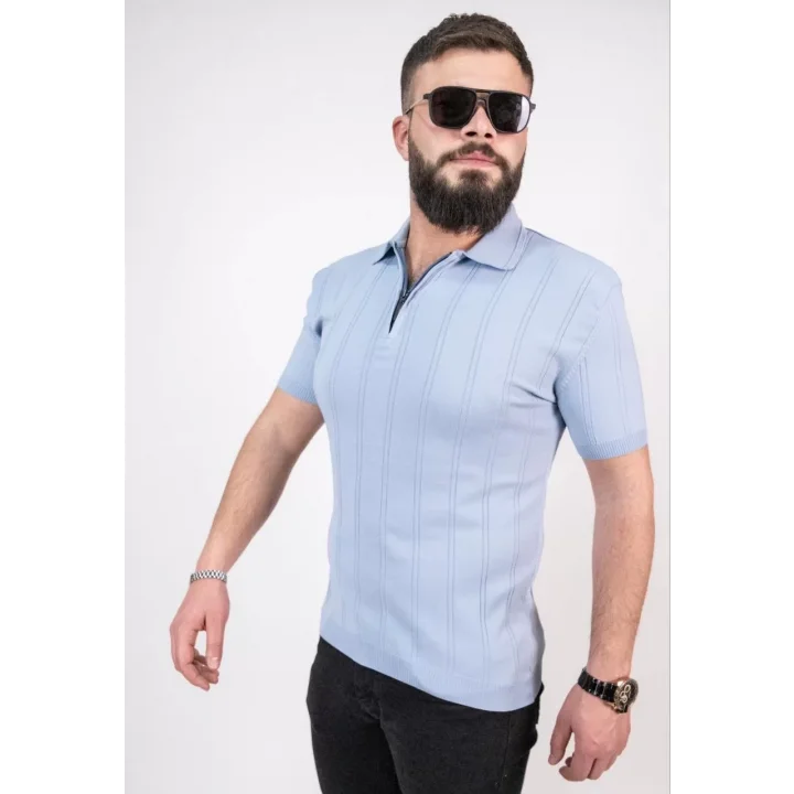 Triko Dokuma Yarım Fermuarlı Yakalı T-shirt - Açık mavi