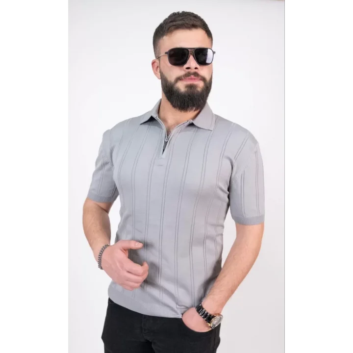Triko Dokuma Yarım Fermuarlı Yakalı T-shirt - Gri