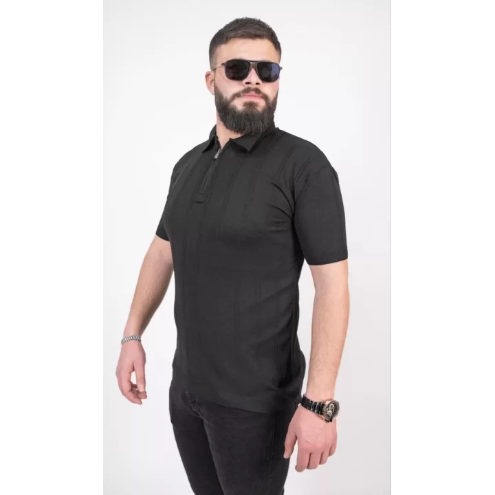 Triko Dokuma Yarım Fermuarlı Yakalı T-shirt - Siyah