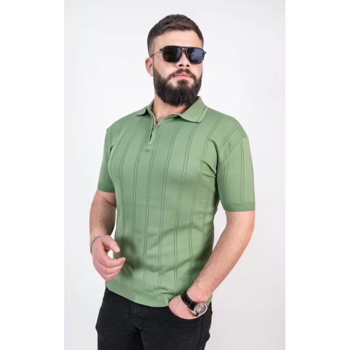 Triko Dokuma Yarım Fermuarlı Yakalı T-shirt - Su Yeşili