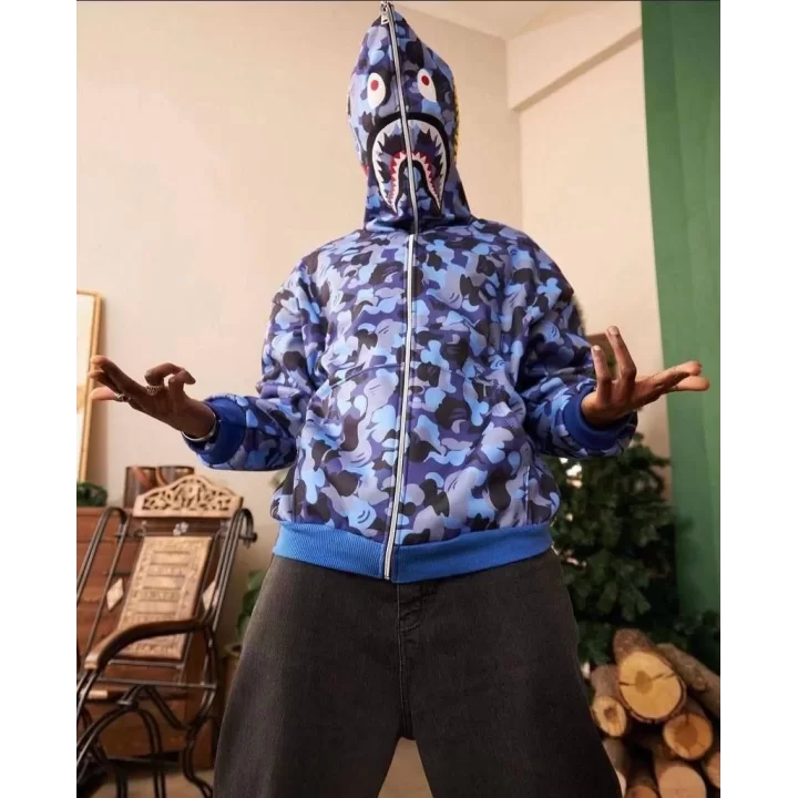Unisex 2 İplik Bape Kapüşonu Fermuarlı Hırka - Mavi