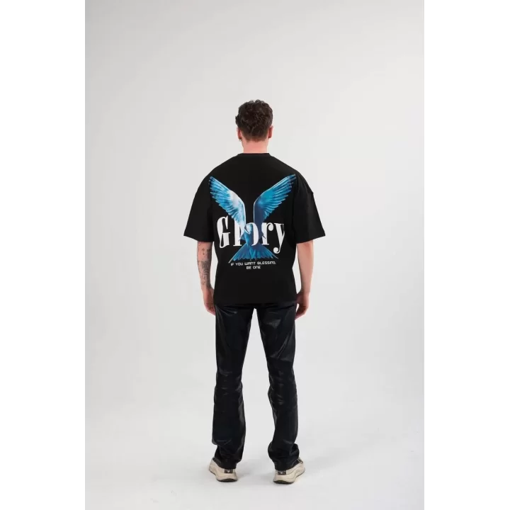 Unisex Bisiklet Yaka Baskılı Oversize T-Shirt - Siyah