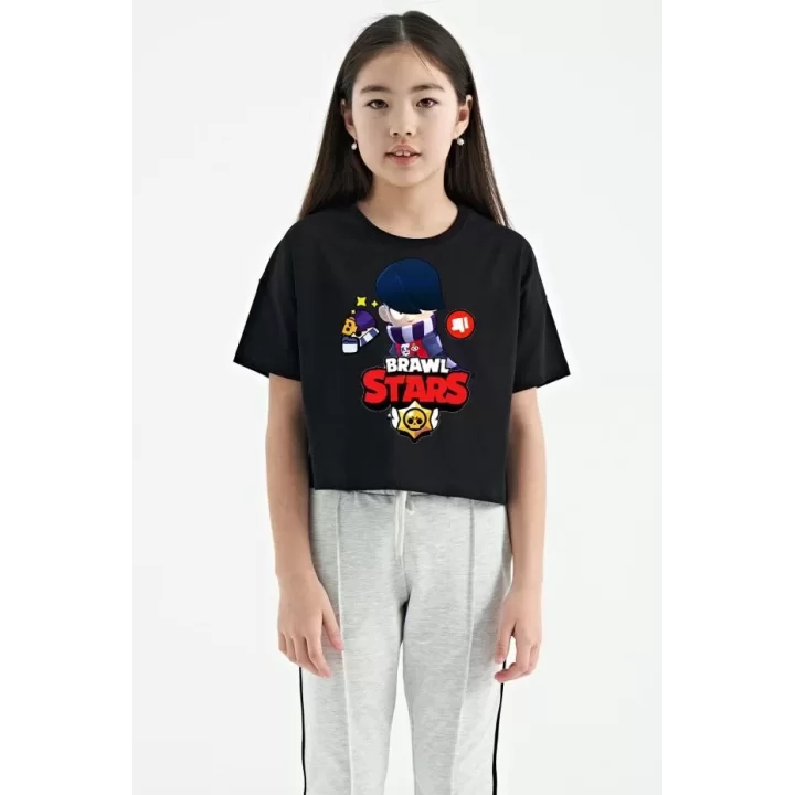 Unisex Bisiklet Yaka Kısa Kol Baskılı Çocuk T-Shirt - Siyah