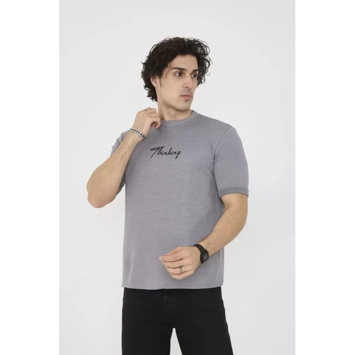 Unisex Bisiklet Yaka Slim fit T-Shirt- Gri