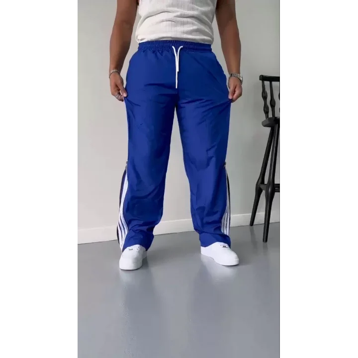 Unisex Boru Paça Yandan Fermuarlı Paraşüt Pantolon - Mavi
