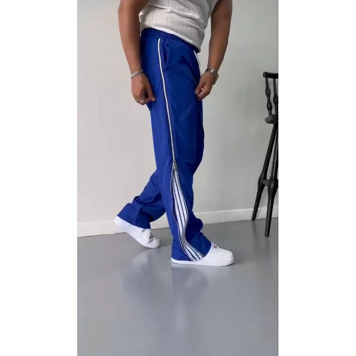 Unisex Boru Paça Yandan Fermuarlı Paraşüt Pantolon - Mavi