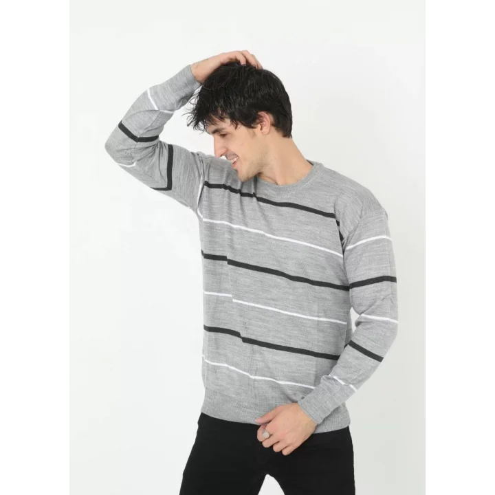 Unisex İnce Çizgili Bisiklet Yaka Triko Kazak - Gri