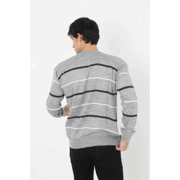 Unisex İnce Çizgili Bisiklet Yaka Triko Kazak - Gri