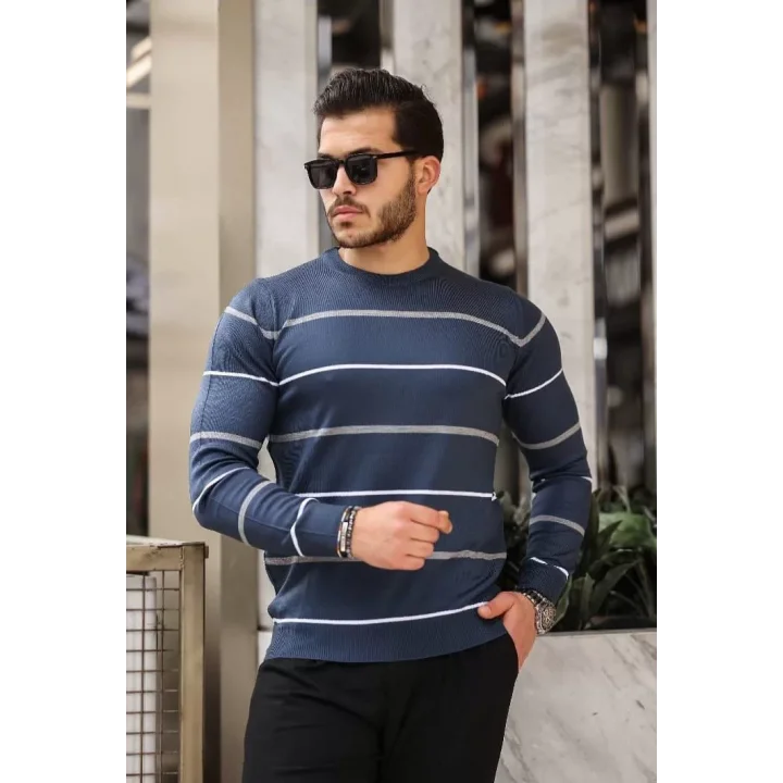 Unisex İnce Çizgili Bisiklet Yaka Triko Kazak - Lacivert