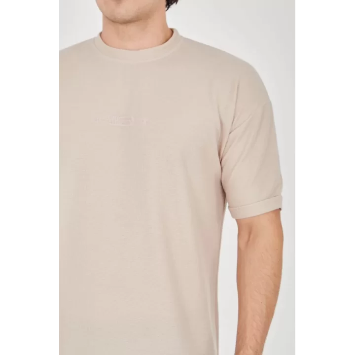 Unisex Jakar Kumaş Rahat Kol T-Shirt - Bej