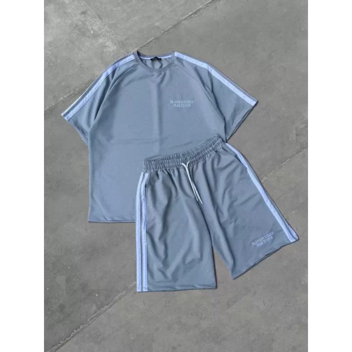 Unisex Şeritli Baskılı Şortlu Takım - Boyalı Gri