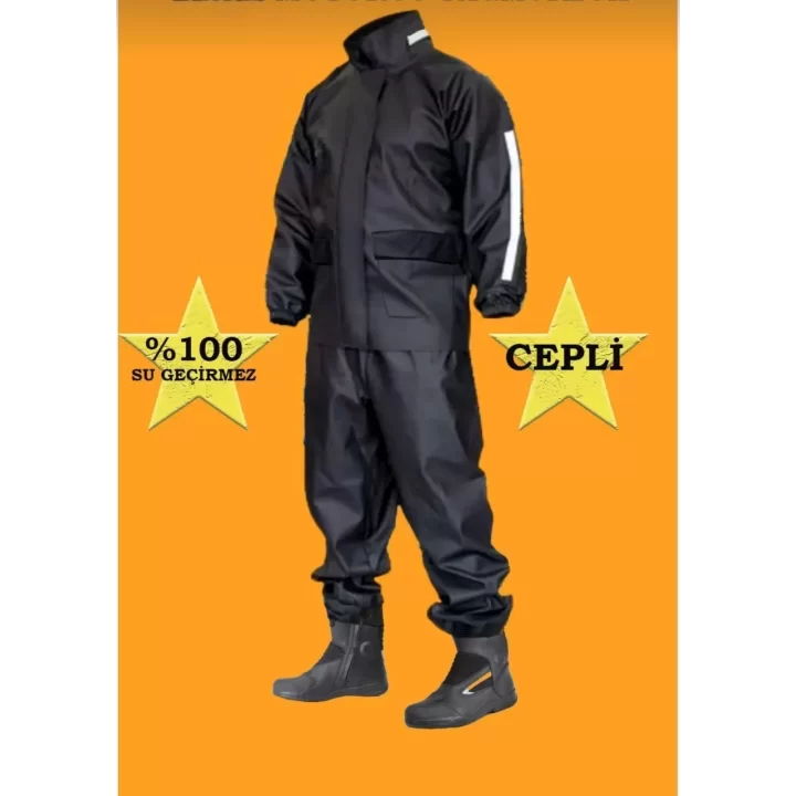 Unisex Tam Kalıp Motorcu Cepli Kurye Su Gecirmez Yağmurluk Takım - Siyah