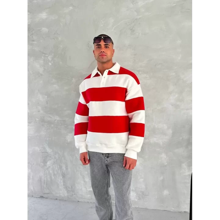 Unisex Üç İplik Parçalı Yakalı SweatShirt - Kırmızı