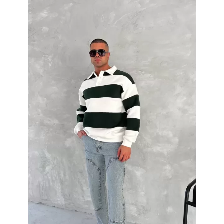 Unisex Üç İplik Parçalı Yakalı SweatShirt - Yeşil
