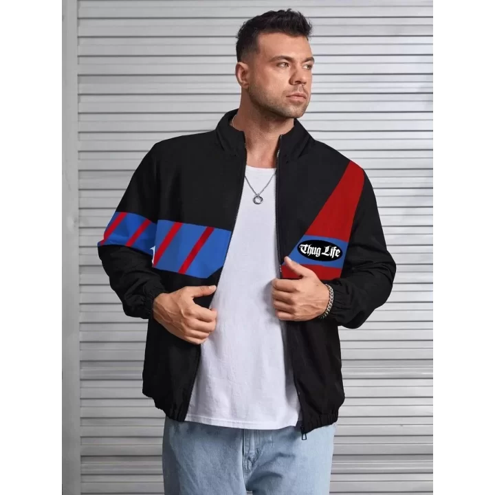 Unisex Uzun Koll Fermuarlı Baskılı Rüzgarlik - Siyah