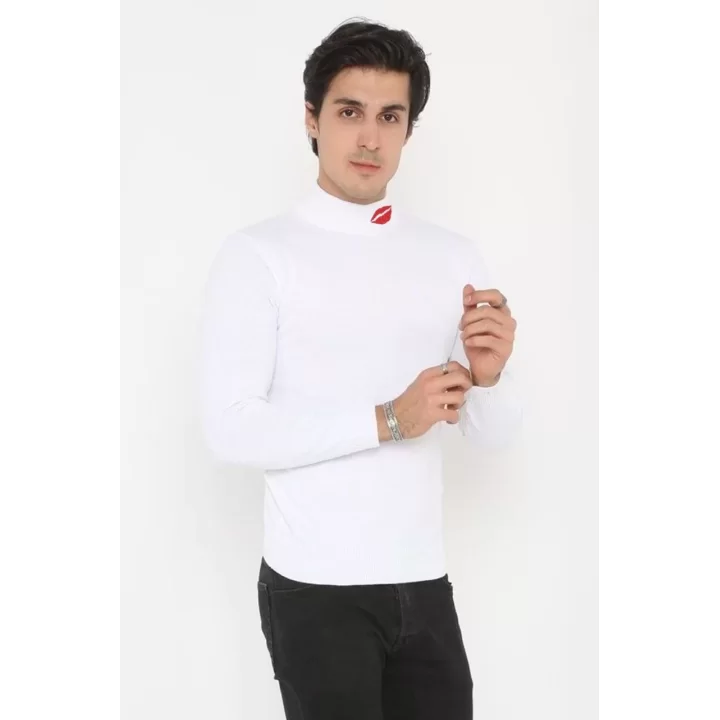 Unisex Yarım Boğazlı Baskılı Dokuma Triko - Beyaz