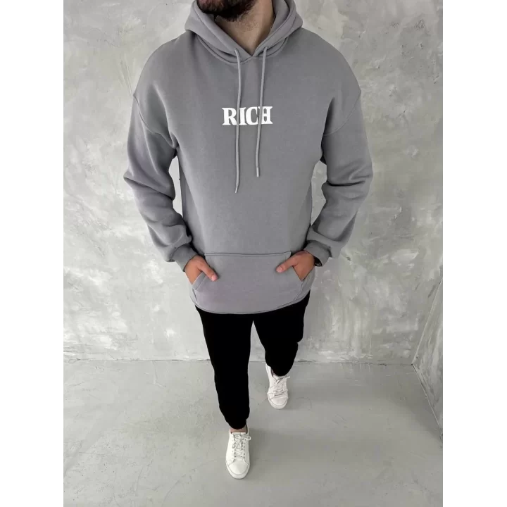 Uzun Kol Kapüşonlu Göğüs Baskılı SweatShirt - Gri