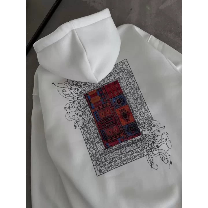Uzun Kol Kapüşonlu Ön Ve Arka Baskılı SweatShirt - Beyaz