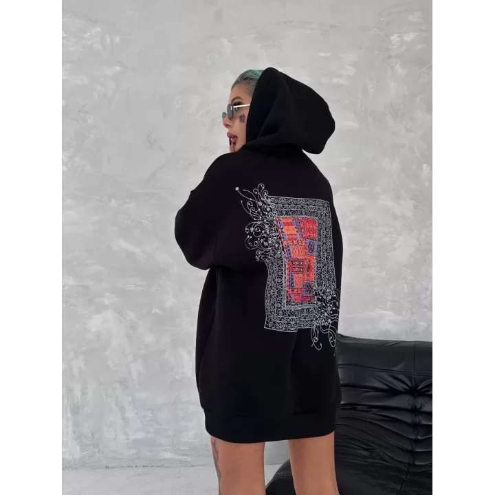 Uzun Kol Kapüşonlu Ön Ve Arka Baskılı SweatShirt - Siyah