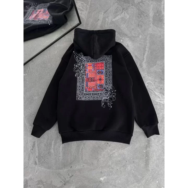 Uzun Kol Kapüşonlu Ön Ve Arka Baskılı SweatShirt - Siyah
