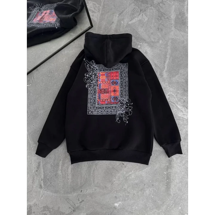 Uzun Kol Kapüşonlu Ön Ve Arka Baskılı SweatShirt - Siyah