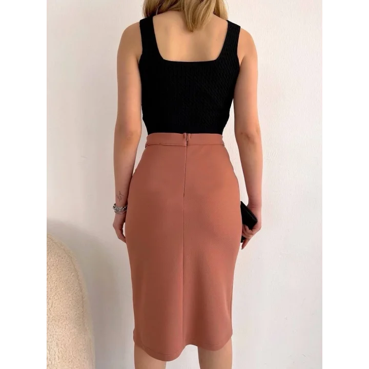 Uzun midi boy yırtmaçlı etek somon s24907