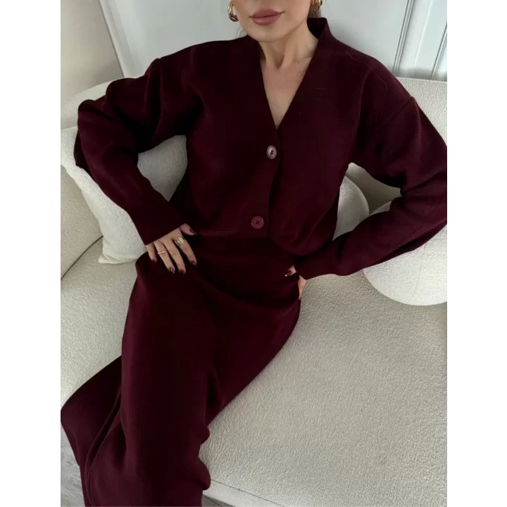V Yaka 3 Düğmeli Hırka Takım Triko İkili Etekli - Bordo