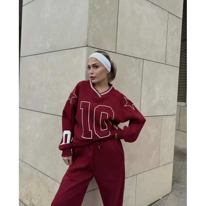 V Yaka Üç İplik Sweat Takım - Bordo