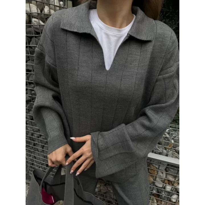 Yakalı Cizgi Detaylı Triko İkili Takım - Füme
