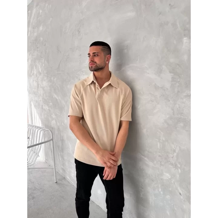 Yakalı Patlı Kısa Kol T-shirt - Bej
