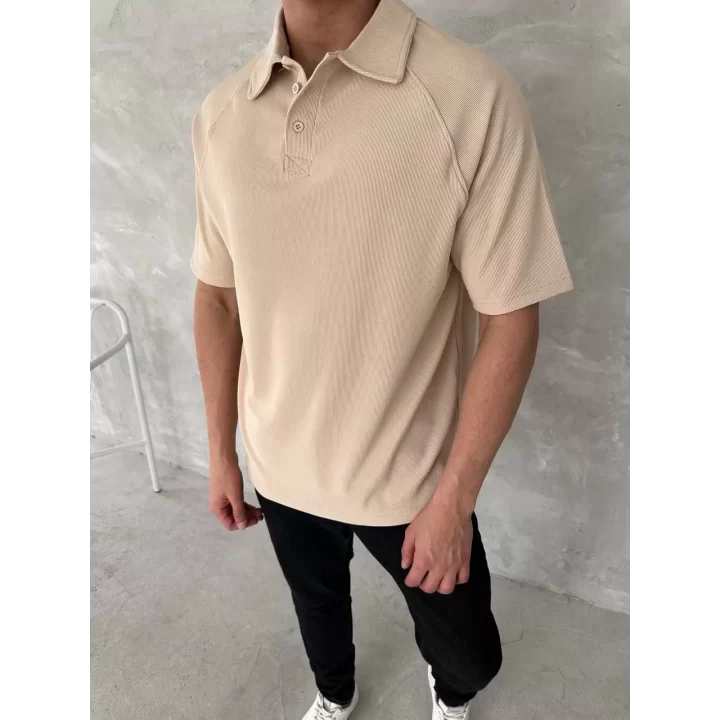 Yakalı Patlı Kısa Kol T-shirt - Bej