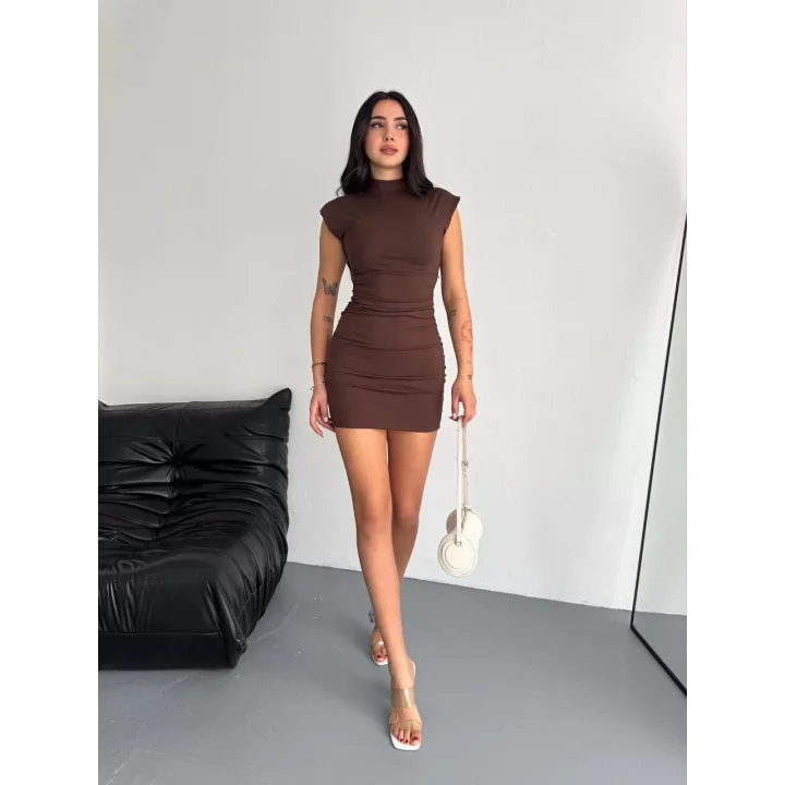 Yarım Bogazlı Kolsuz Mini Boy Elbise - Kahve