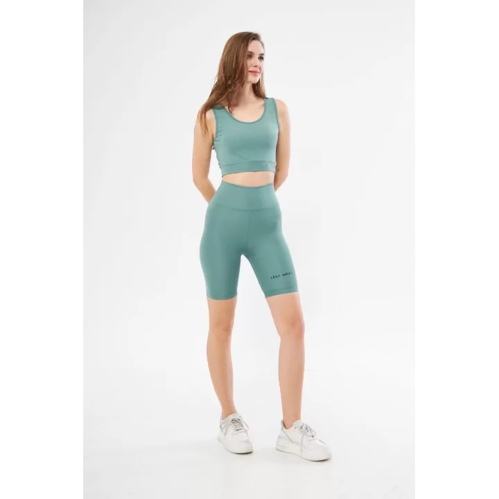 Yüksek Bel Dalgıç Croplu Biker Şortlu Takım - Mint yeşili