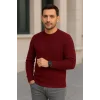 Erkek Bisiklet Yuvarlak Yaka Triko Kazak Pamuklu Kalın Fitilli Dokuma, Regular Fit Uzun Kollu Kışlık Model - Bordo