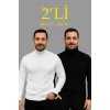 Erkek Fitilli Triko Kazak 2li Set Beyaz Siyah Regular Balıkcı Yaka Tam Boğazlı Triko Seti Modeli Kazak