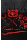 Arias Closet Kırmızı İçi Tüylü Maske,Kol,Bacak,Ağız Topu,Kırbaç,Tasma Harness Set