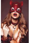 Arias Closet Kırmızı Maske, Tasma ve Kelepçe Harness Deri Set