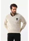 Baskılı V Yaka Uzun Kol Dokuma Triko - Bej