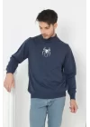 Baskılı Yarım Boğazlı Uzun Kol Dokuma Triko - Indigo