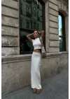 Bisiklet Yaka Croplu Uzun Etekli ikili Takım Triko - Beyaz