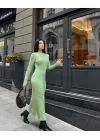 Bisiklet Yaka Fitilli Uzun Elbise -Açık Yeşil