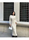 Bisiklet Yaka Fitilli Uzun Elbise - Beyaz