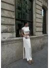 Bolerolu Boğazlı Uzun Elbise 2 Li Triko Takım - Beyaz