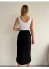 Büzgülü uzun yırtmaçlı midi boy etek siyah